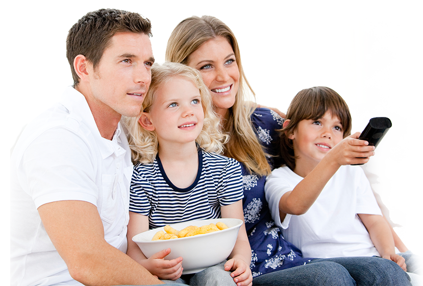 Family watching TV together with popcorn and TV remote
