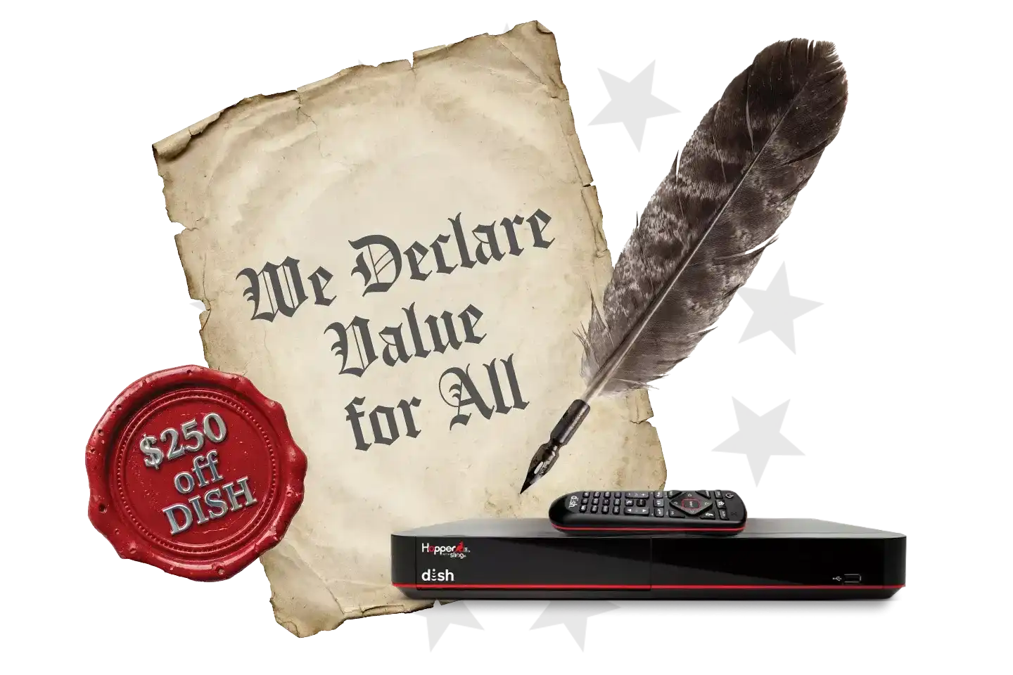 A promotional graphic featuring an aged parchment with the text "We Declare Value for All," a quill pen, a $250 off DISH wax seal, and a DISH Hopper DVR with its remote.