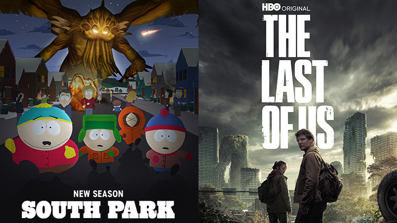 Key art for South Park and The Last of Us