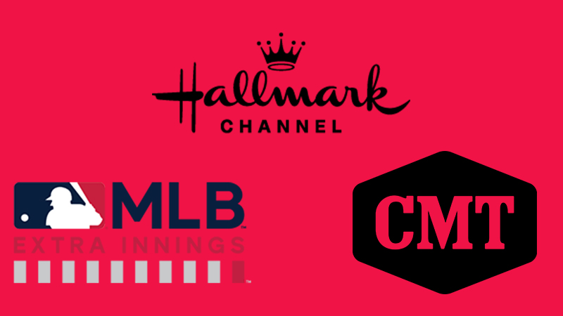 Logos for Hallmark Channel, MLB Extra Innings, and CMT