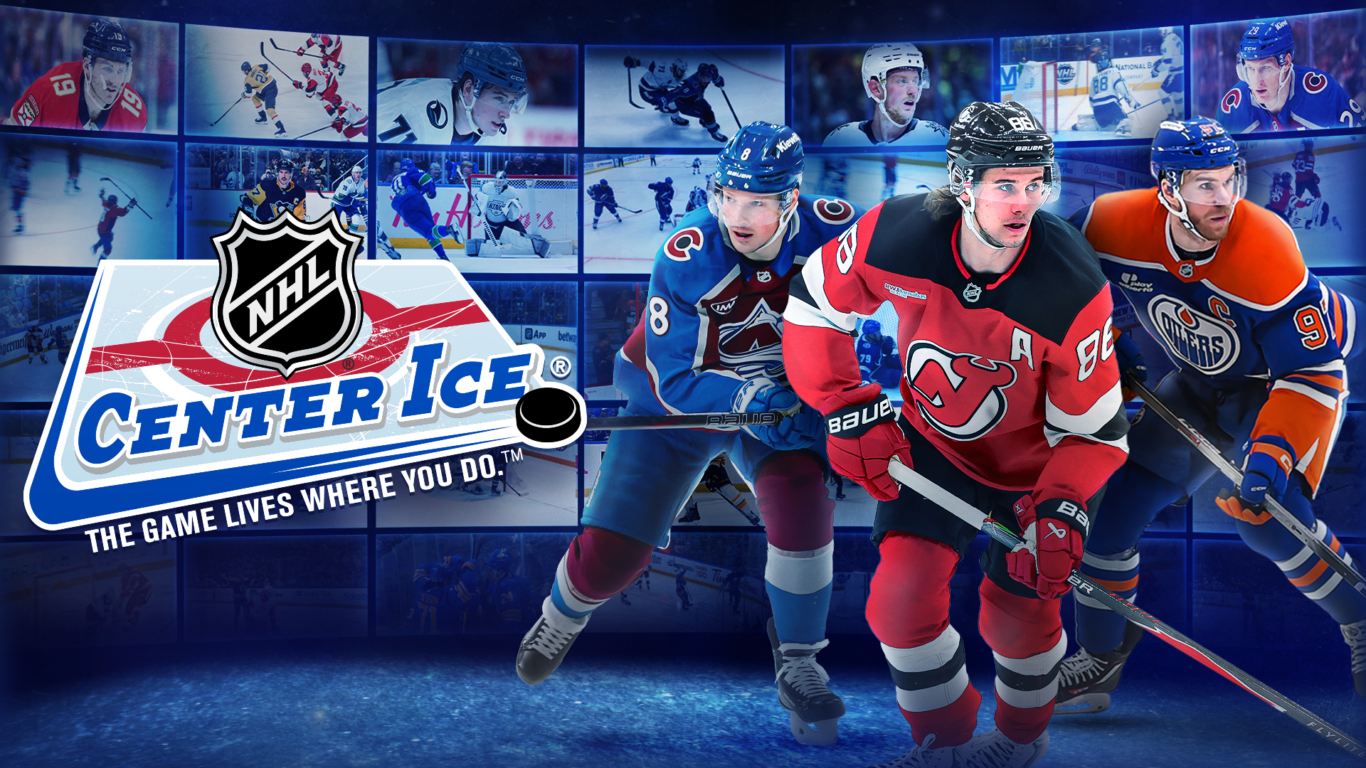 Art for NHL Center Ice featuring Cale Makar, Jack Hughes, and Connor McDavid.