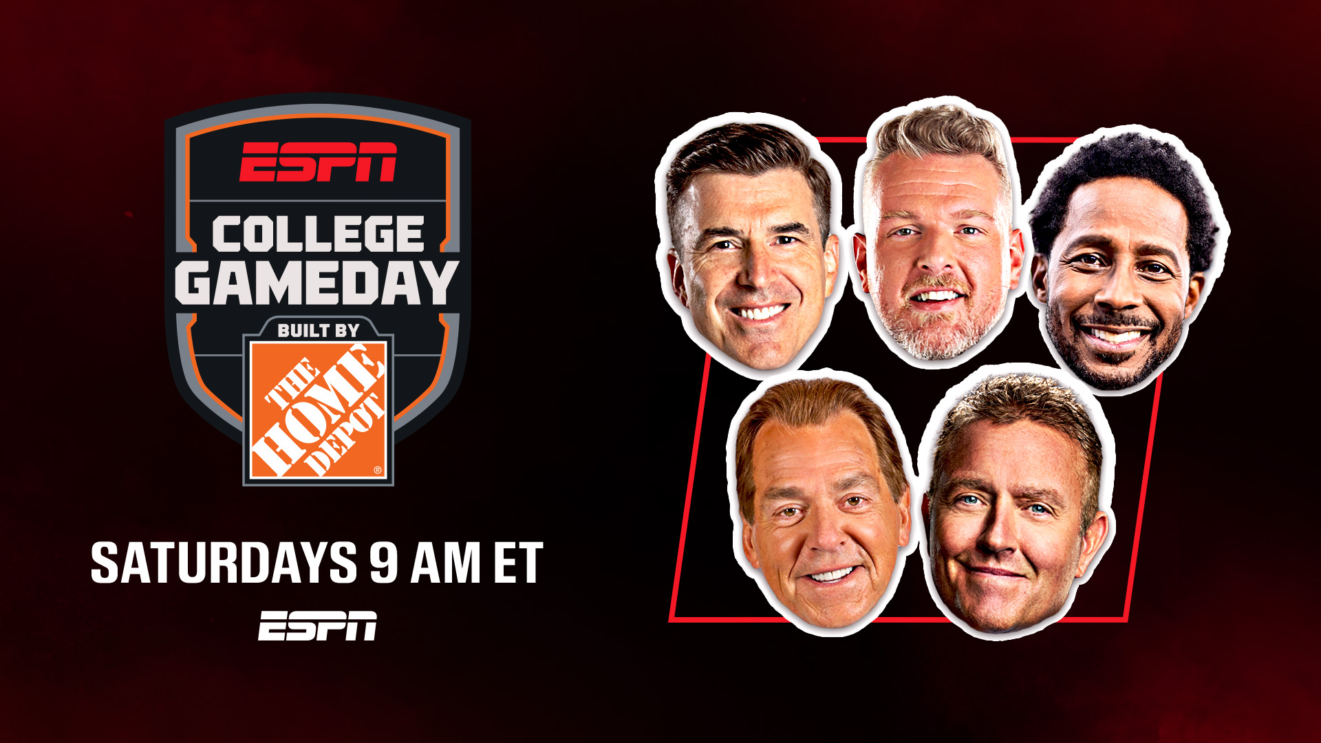 Key art for College GameDay on ESPN featuring hosts Reece Davis, Pat McAfee, Desmond Howard, Kirk Herbstreit, and Nick Saban,