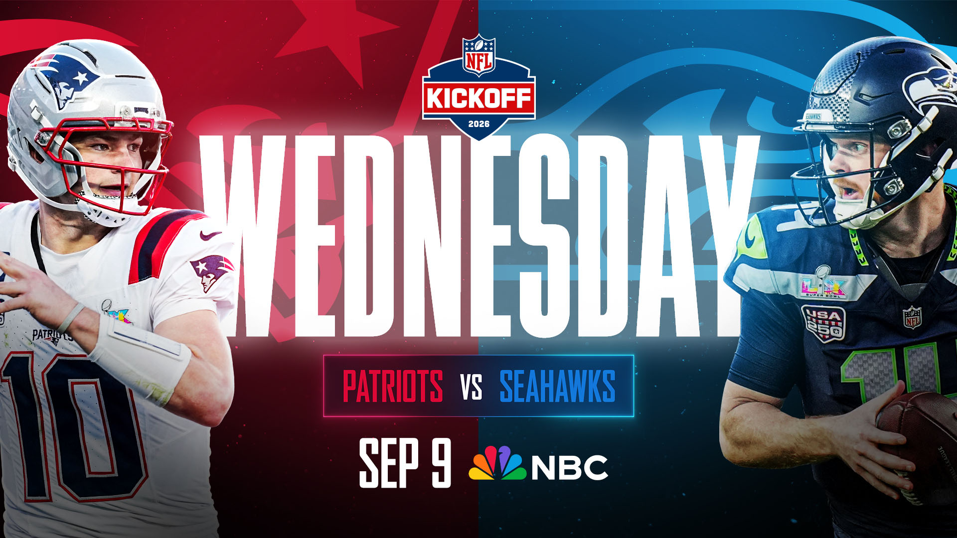 Key art for NFL Kick Off between the Patriots and Seahawks on NBC.