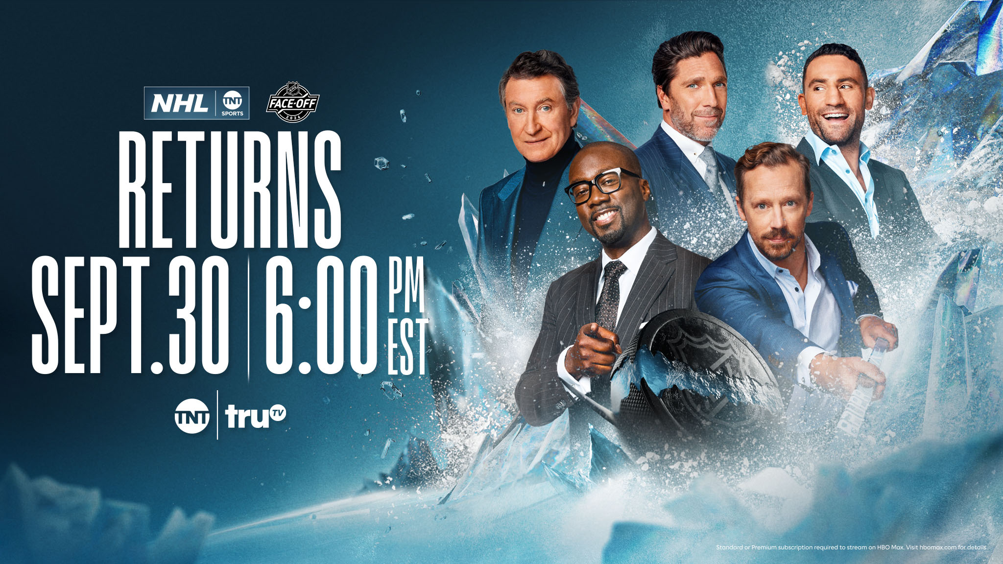 Key art for the NHL on TNT with hosts Liam McHugh, Anson Carter, Wayne Gretzky, Henrik Lundqvist, and Paul Bissonnette.