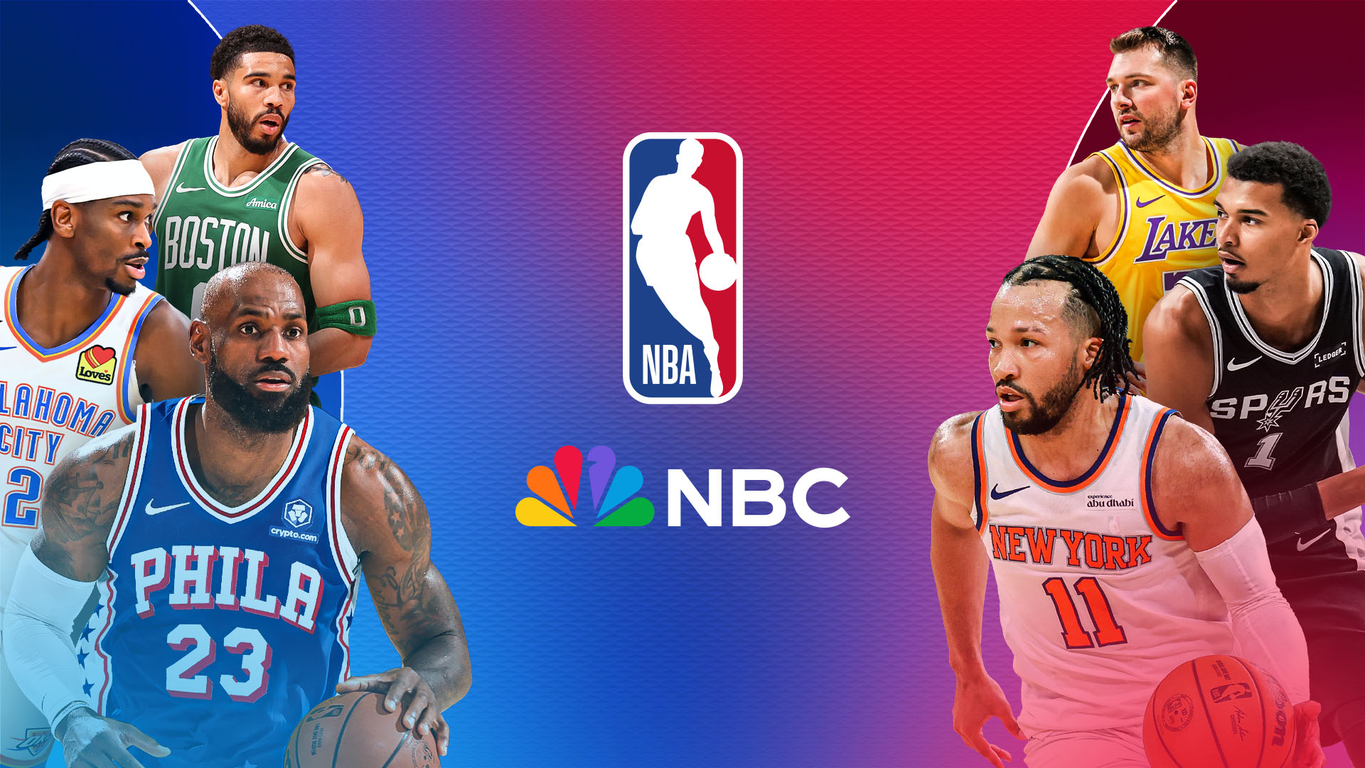 Key art for NBA basketball on NBC with LeBron James, Shai Gilgeous-Alexander, Jayson Tatum, Luka Doncic, Victor Wembanyama, and Jalen Brunson 
