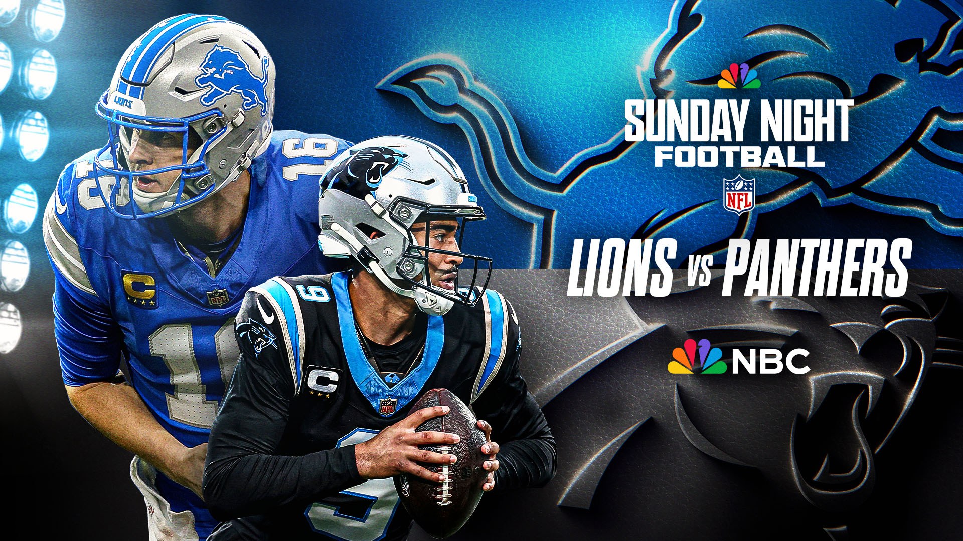 Key art for Detroit Lions vs. Carolina Panthers on 'Sunday Night Football' on NBC with Jared Goff and Bryce Young.