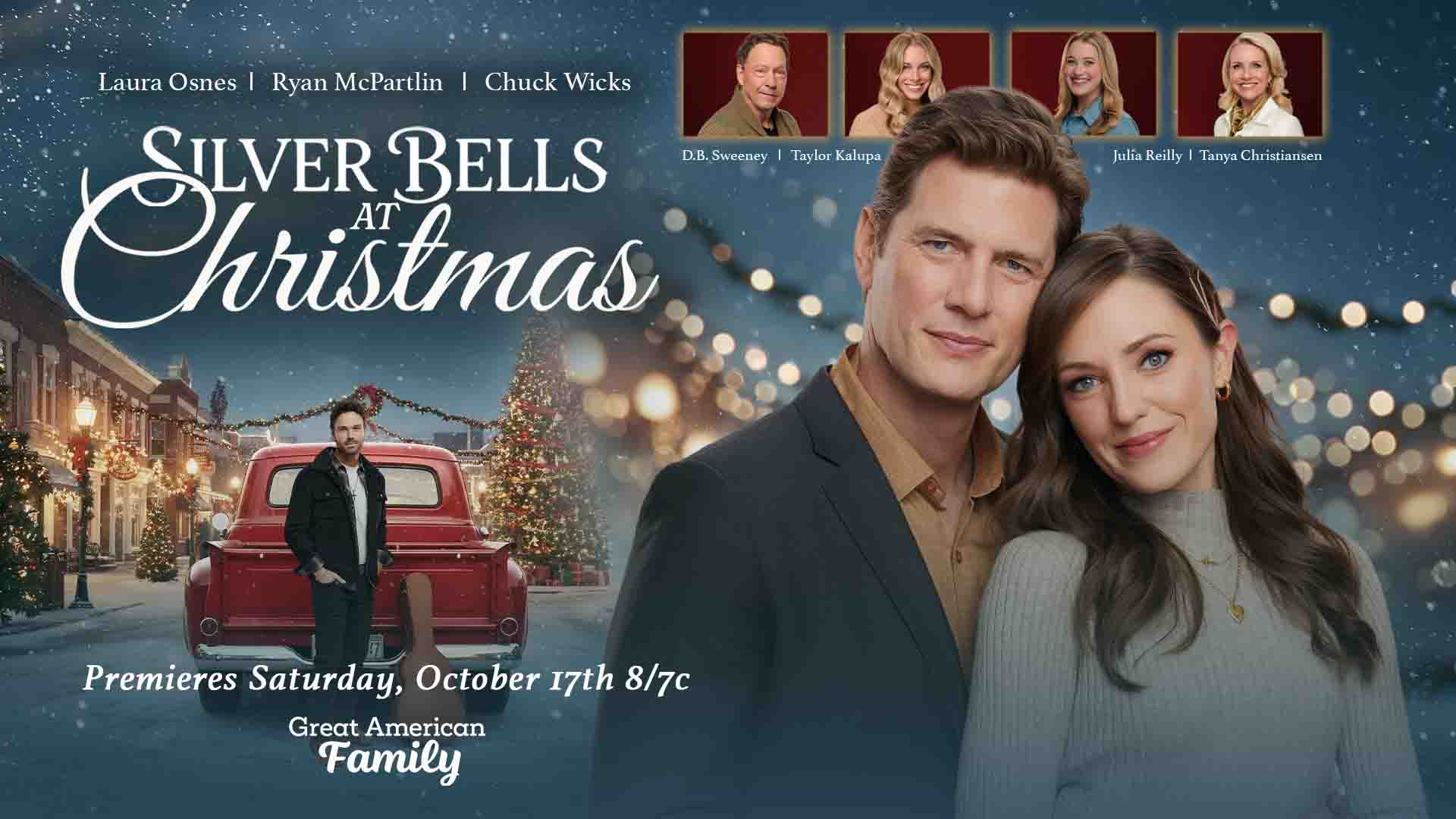 Key art for 'Silver Bells at Christmas' starring Laura Osnes, Ryan McPartlin, Chuck Wicks, and Taylor Kalupa on Great American Family.