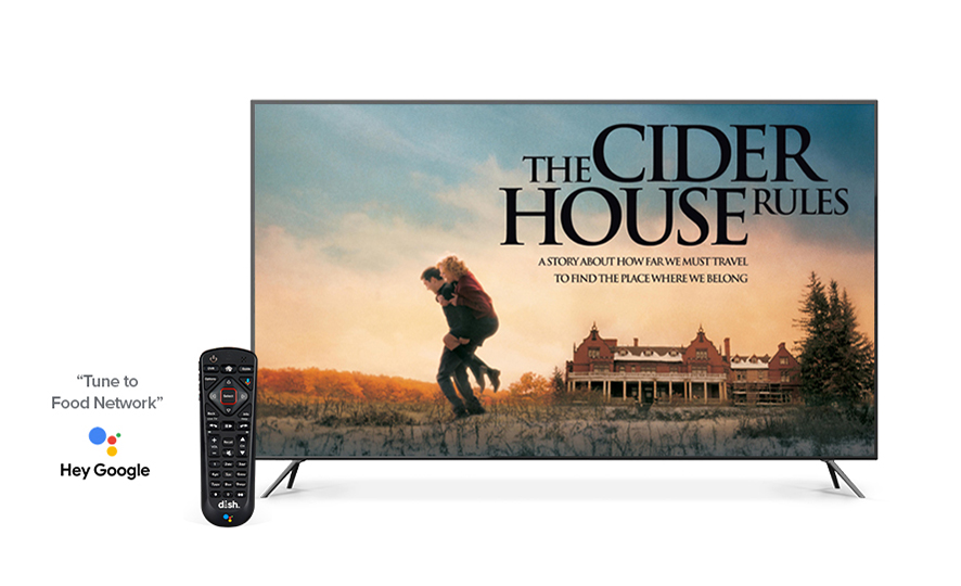 The movie poster The Cider House Rules displayed on a TV screen with a Hopper remote on the side