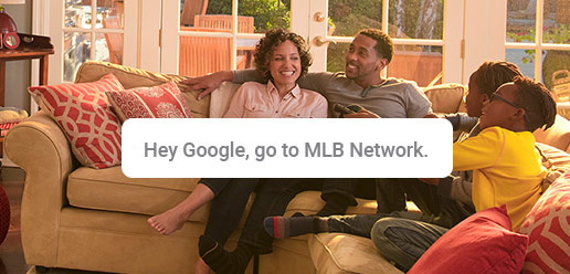 Family watching TV, giving Google a command to go to MLB Network