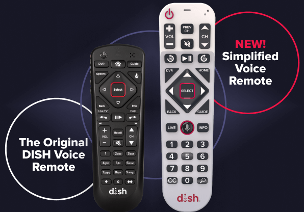 Original DISH Voice Remote next to New, Larger, Simplified Voice Remote