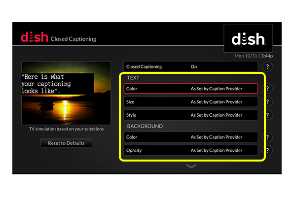 closed captioning settings on a TV screen, including color, size, and style