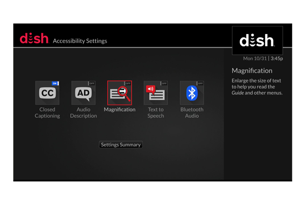 screen magnification setting as it appears on a TV screen, shown in a selected state