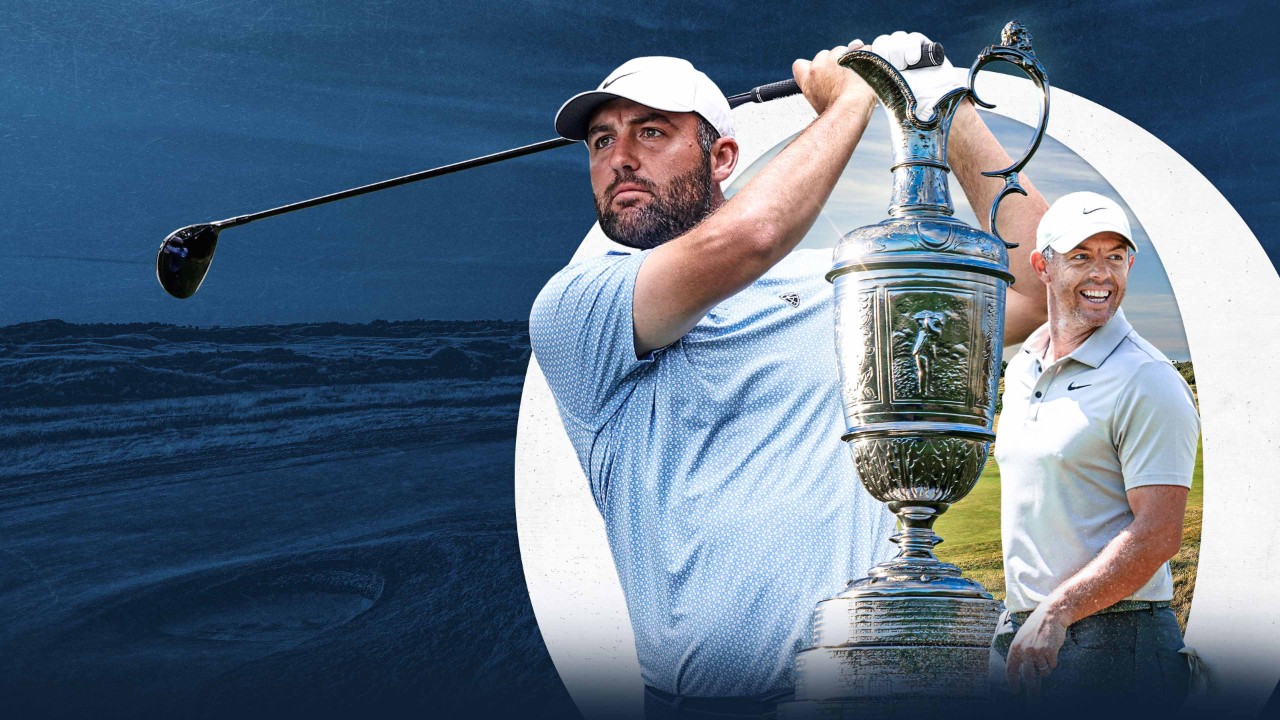 Key art for the 2026 British Open on NBC featuring PGA golfers Scottie Scheffler and Rory McIlroy.