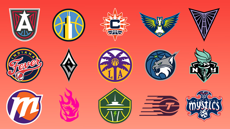 Art for WNBA basketball on DISH with logos from all 15 teams
