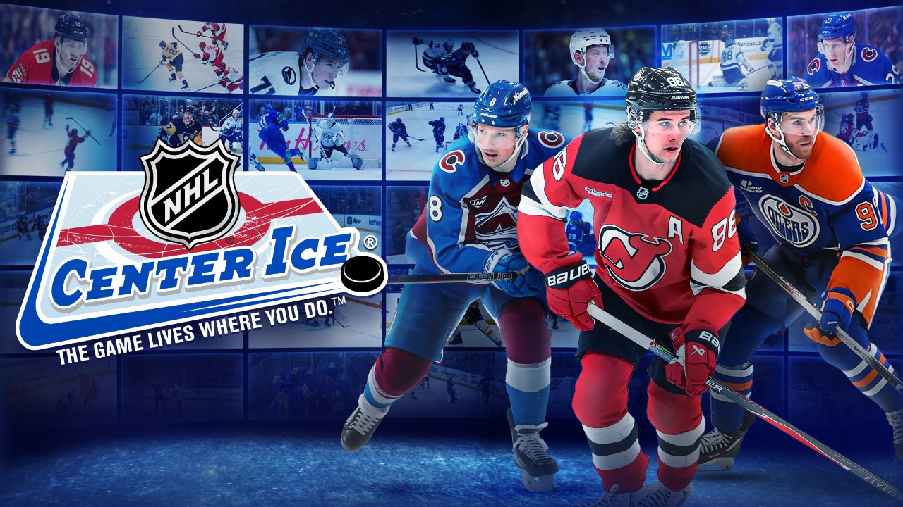 Art for NHL Center Ice Featuring Cale Makar, Jack Hughes, and Connor McDavid.