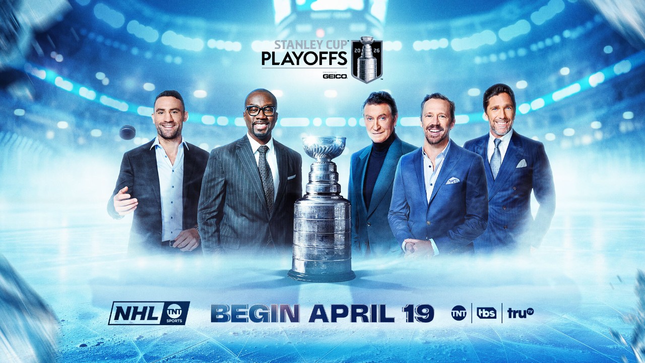 Stanley Cup Playoff Promotional art with the TNT crew: Liam McHugh with analysts Wayne Gretzky, Paul Bissonnette, Anson Carter, and Henrik Lundqvist