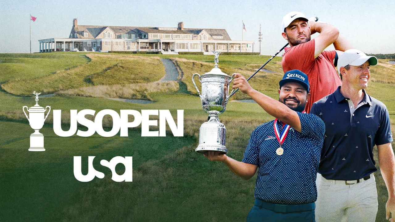 Key art for the 2026 U.S. Open on USA Network featuring J.J. Spaun, Scottie Scheffler, and Rory McIlroy and an image of Shinnecock Hills Golf Club.