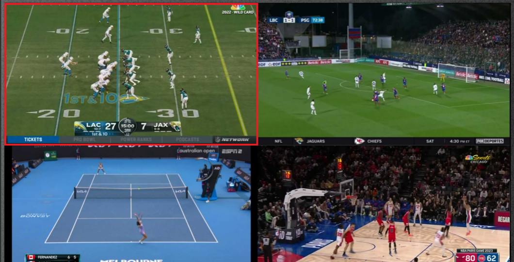 DISH Multi-View screen shwing four simultaneous sports events