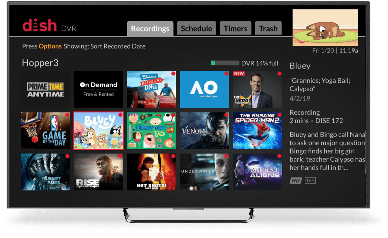 Hopper 3 DVR menu showing available recordings