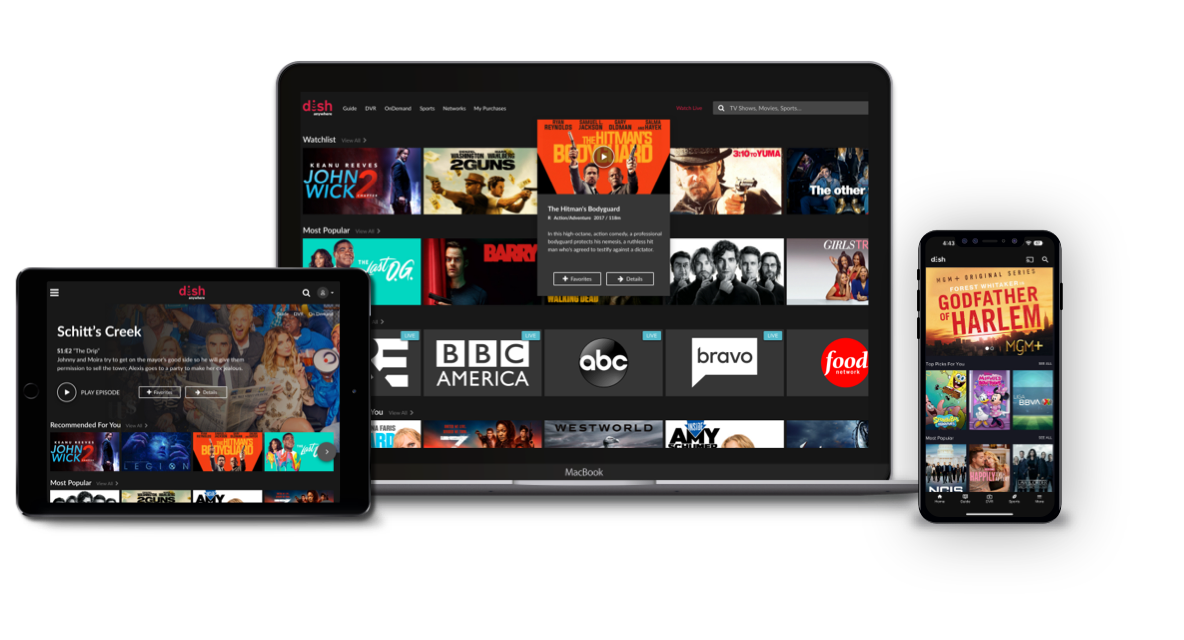 Phone, tablet, and laptop playing from DISH Anywhere