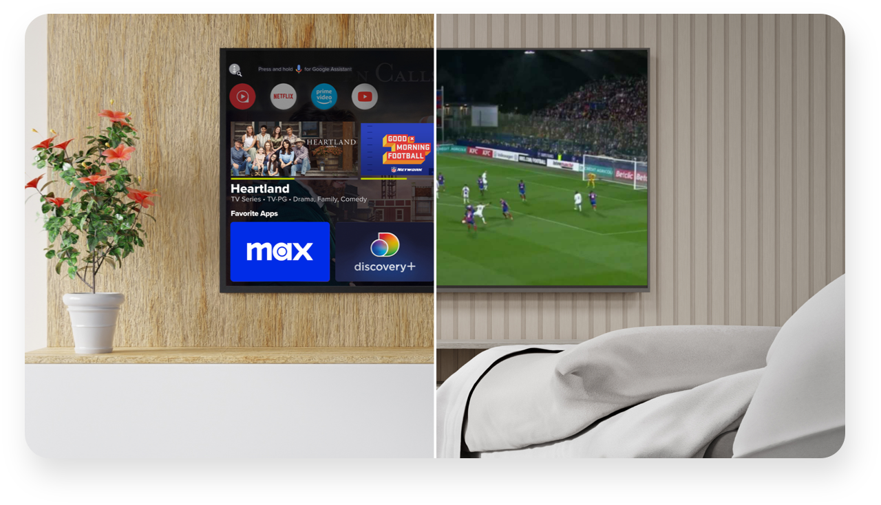 TV mounted on wall with DISH programming displayed