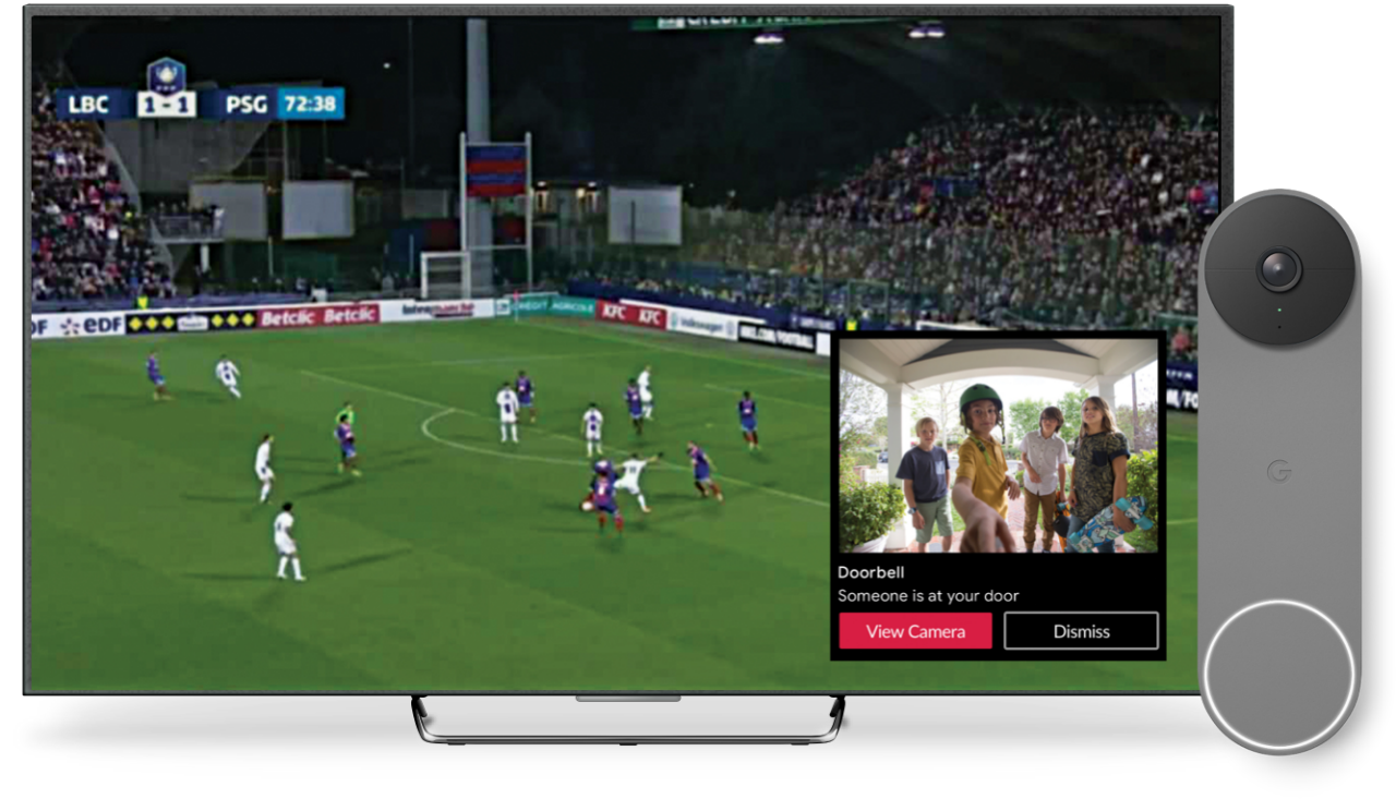 TV with soccer programming displayed next to Google doorbell device