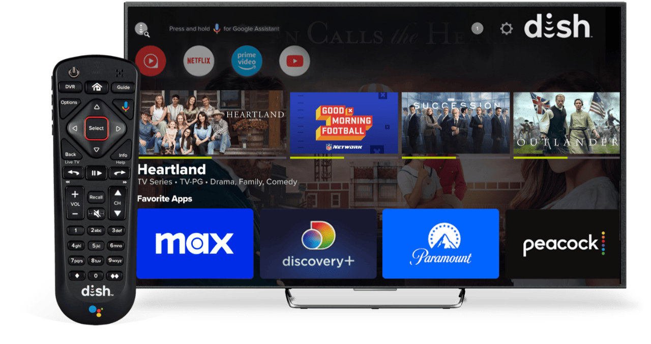 TV with DISH programming displayed next to a remote control