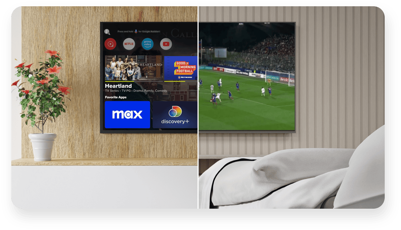 Split screen showing two rooms with different TV programming