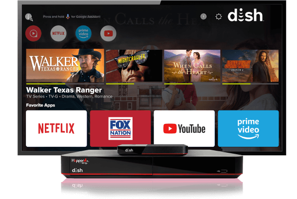 DISH Hopper Plus screen showing Netflix, Fox Nation, YouTube, and Prime Video apps