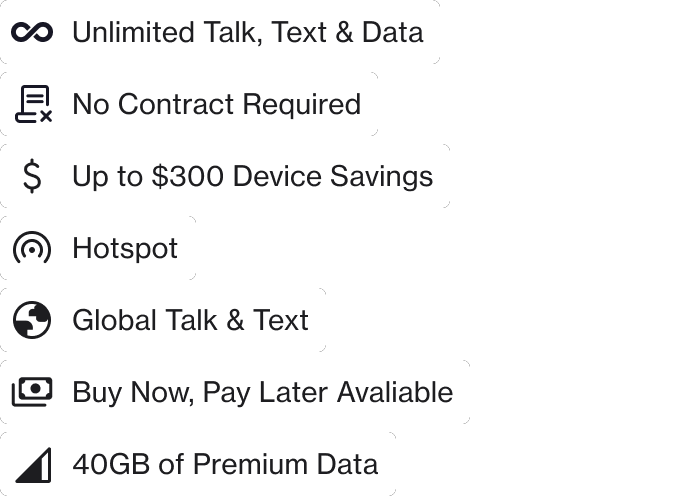 Unlimited talk, text, & data; no contract required; hotspot; global talk & text; buy now, pay later available; 40GB of premium data