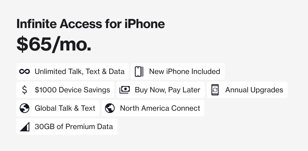 Infinite Access for iPhone: $65/month for unlimited talk, text, and data, plus a new iPhone included with annual upgrades