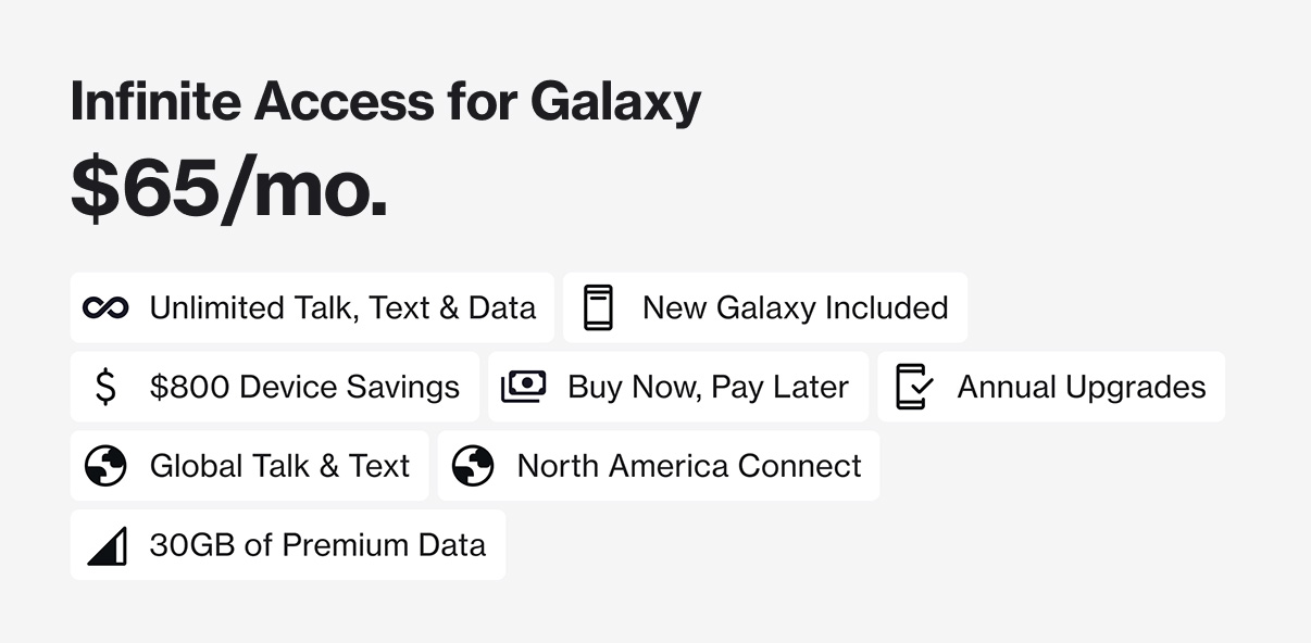Infinite Access for Galaxy: $65/month for unlimited talk, text, and data, plus a new Samsung Galaxy included with annual upgrades