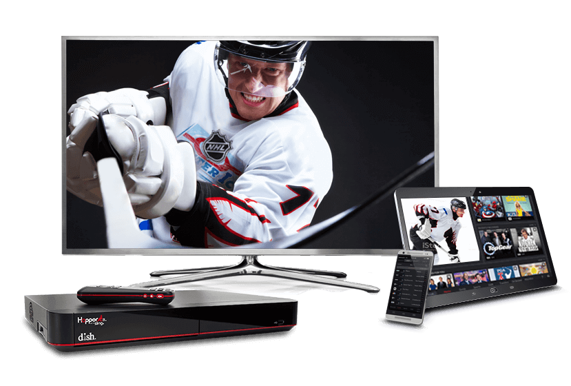 Hockey shown on a TV, phone, and tablet via DISH Anywhere