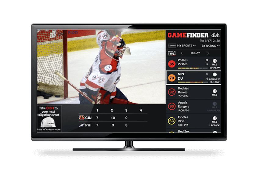 Game Finder application shown on TV with hockey game scores