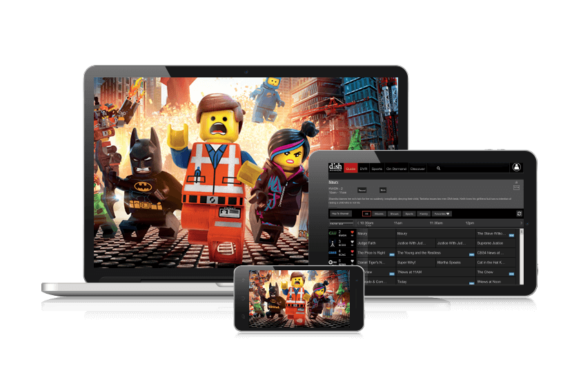 A movie playing on a laptop, phone, and tablet using DISH Anywhere